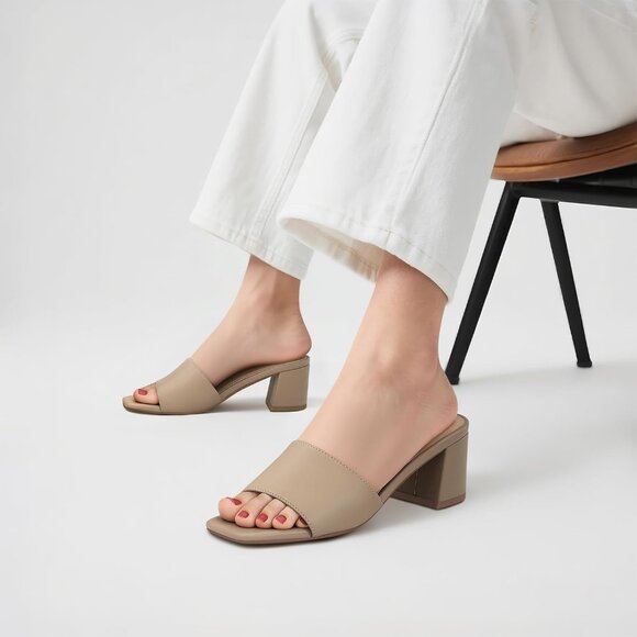 Women's Low Chunky Block Square Open Toe Tan Heeled Sandal Slip on Mules Shoes - Picture 2 of 7